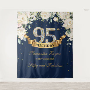 Navy Gold Greenery Floral 95th birthday backdrop Tapestry