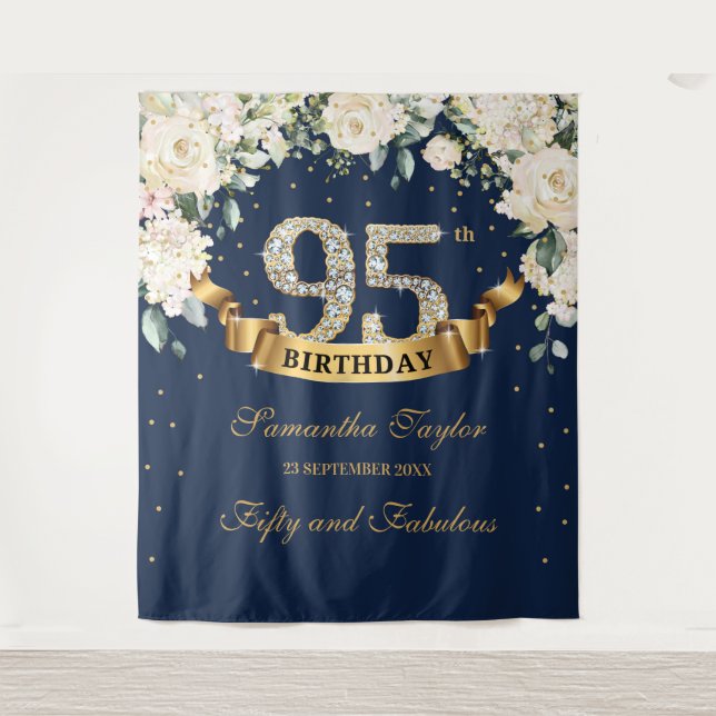 Navy Gold Greenery Floral 95th birthday backdrop Tapestry (Front)