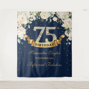 Navy Gold Greenery White Flowers 75th birthday  Tapestry