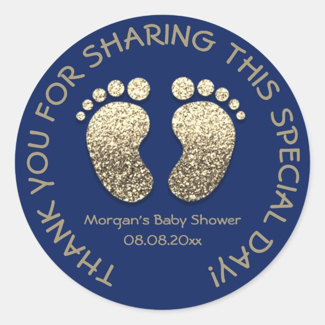 Navy Gold Heart Feet Baby Shower Favour Thank You Classic Round Sticker (Front)