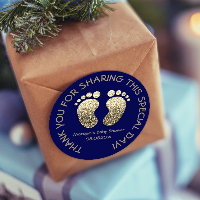 Navy Gold Heart Feet Baby Shower Favour Thank You Classic Round Sticker (Creator Uploaded)