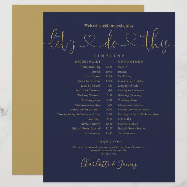 Navy Gold Heart Script Wedding Schedule Timeline (Front/Back)