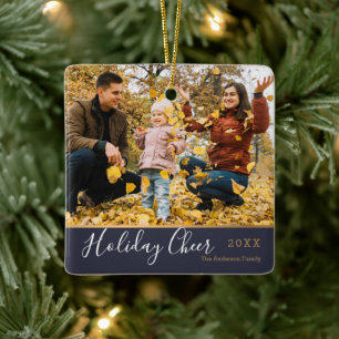 Navy Gold Holiday Cheer Family Photo Ceramic Ornament