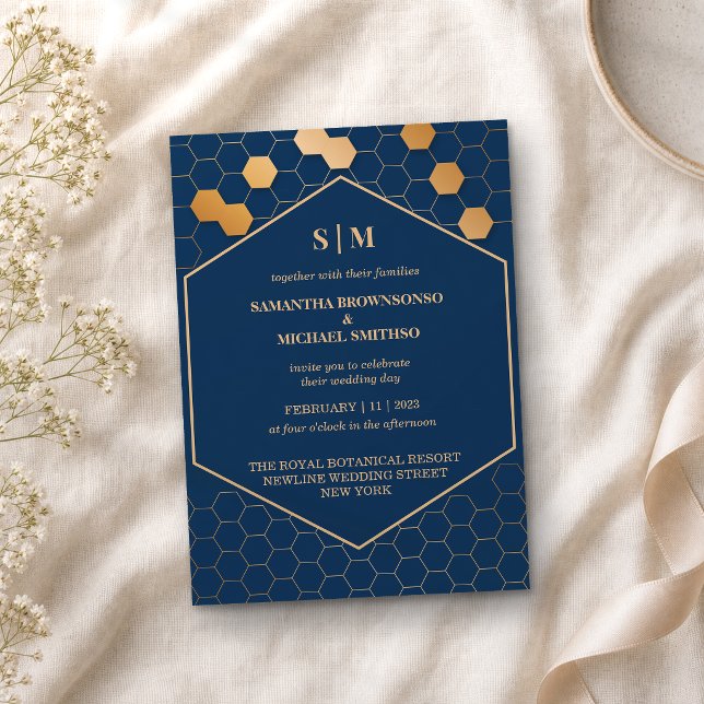 Navy Gold Honeycomb Wedding Invitation (Creator Uploaded)