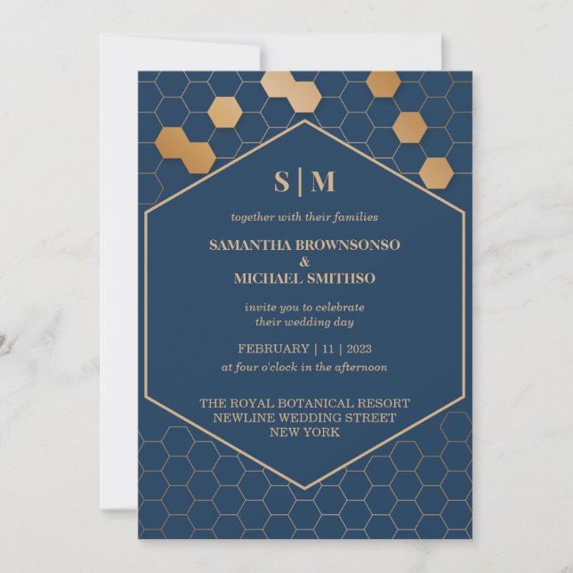 Navy Gold Honeycomb Wedding Invitation (Front)