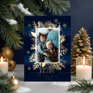 Navy & Gold Jewels Feathers & Foliage Photo Wreath Foil Holiday Card