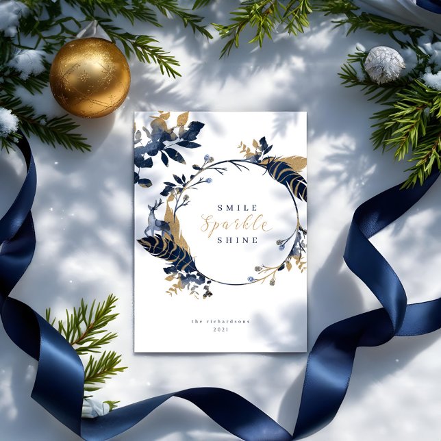 Navy & Gold Jewels Feathers & Foliage Wreath Holiday Card (Navy & Gold Jewels Feathers & Foliage Wreath Holiday Card)