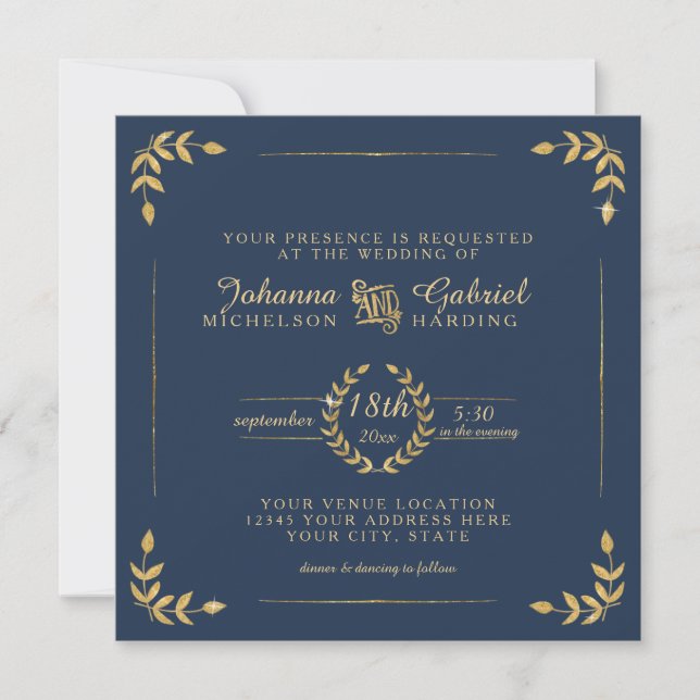 Navy Gold Laurel Leaf Typography Modern Wedding Invitation (Front)
