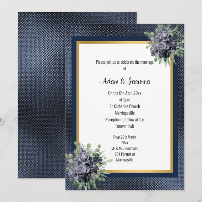 NAVY GOLD LAYERED EMBOSSED FLORAL  WEDDING INVITATION (Front/Back)