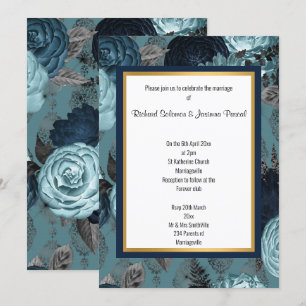 NAVY GOLD LAYERED FLORAL WEDDING INVITATION