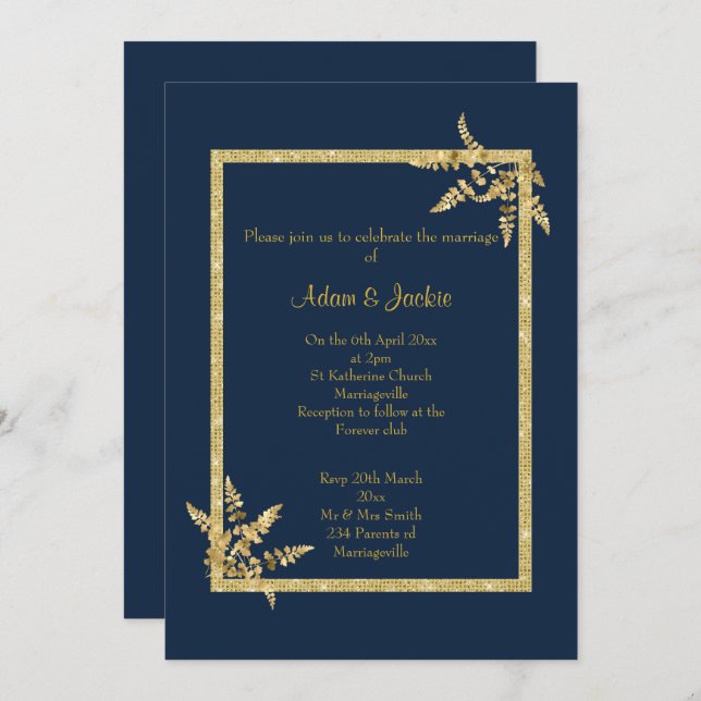 NAVY GOLD LEAF ELEGANT WEDDING INVITATION (Front/Back)