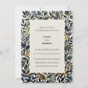Navy Gold Leaf Frame Wedding Invitation