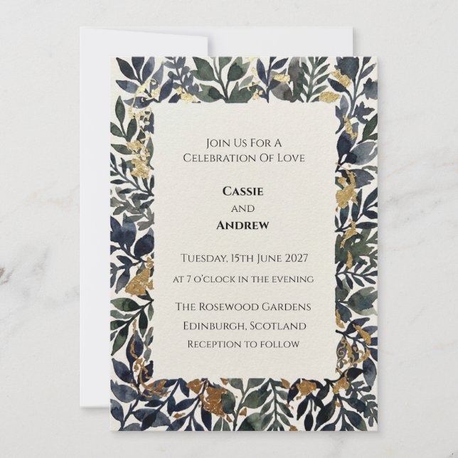Navy Gold Leaf Frame Wedding Invitation (Front)