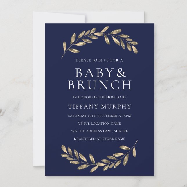 Navy & gold Leaf Wreath Baby Shower Brunch Invite (Front)