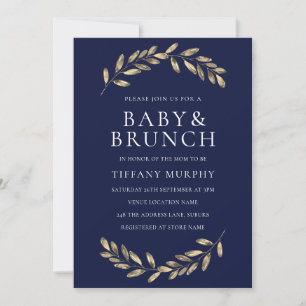 Navy & gold Leaf Wreath Baby Shower Brunch Invite