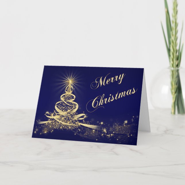 Navy, Gold Lighted Tree Corporate Christmas Card (Front)