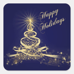 Navy, Gold  Lighted Tree Happy Holidays Sticker