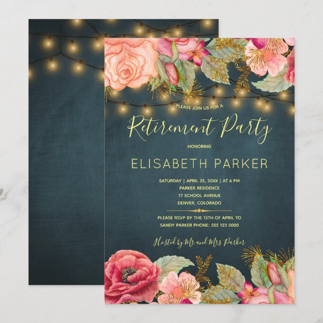 Navy gold  lights pink roses retirement party invitation (Front/Back)