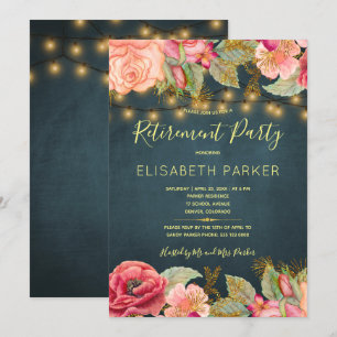 Navy gold lights pink roses retirement party invitation