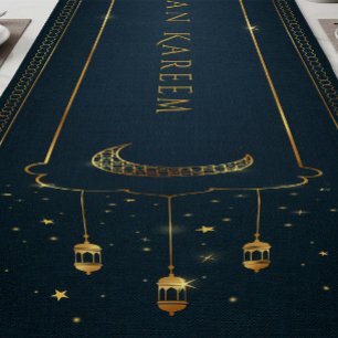 Navy Gold Linen Texture Islamic Ramadan Family Short Table Runner