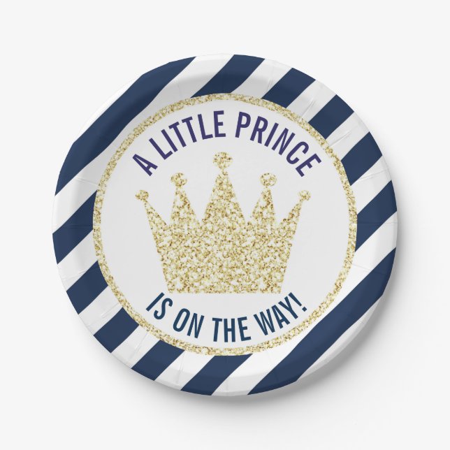 Navy Gold Little Prince on the Way Baby Shower Paper Plate (Front)