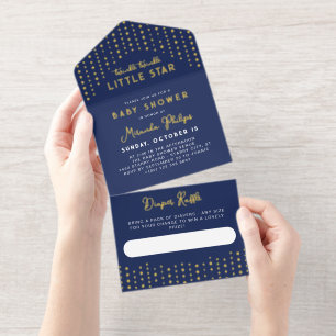 Navy Gold Little Star Baby Shower Diaper Raffle All In One Invitation