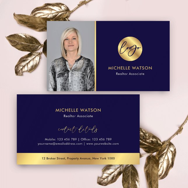 Navy & Gold Logo Modern Real Estate Agent Photo Business Card (Elegant navy and gold photo business cards)