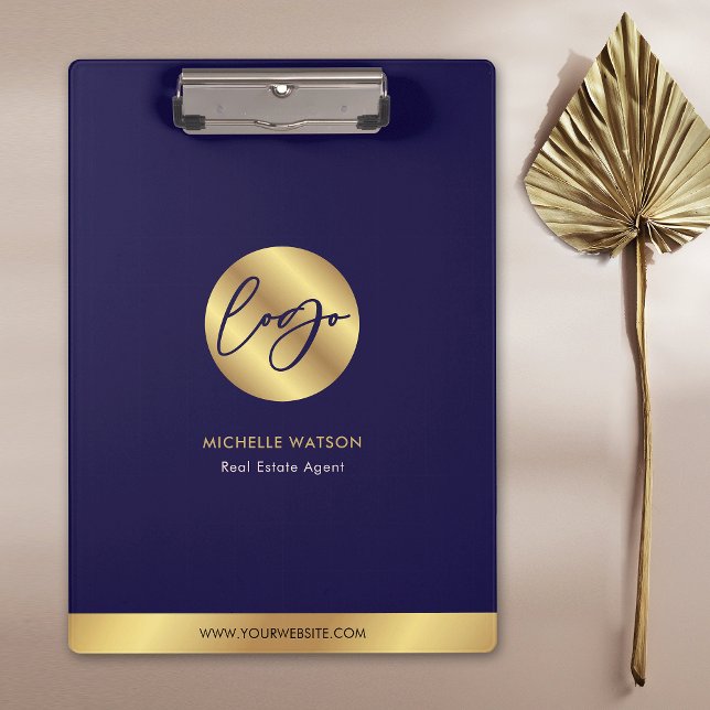 Navy & Gold Logo Real Estate Business Promotional Clipboard (Modern business branded clipboard in navy blue and faux gold with your logo and contact details)