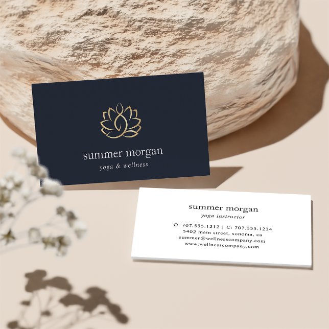 Navy & Gold Lotus Logo | Yoga Wellness Meditation Business Card (Creator Uploaded)