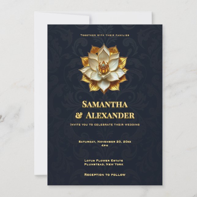 Navy Gold Lotus Wedding Invitation Elegant (Front)