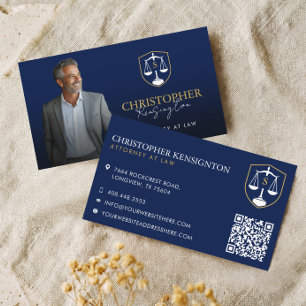 Navy Gold Luxury Lawyer Photo Law Firm Monogram Business Card