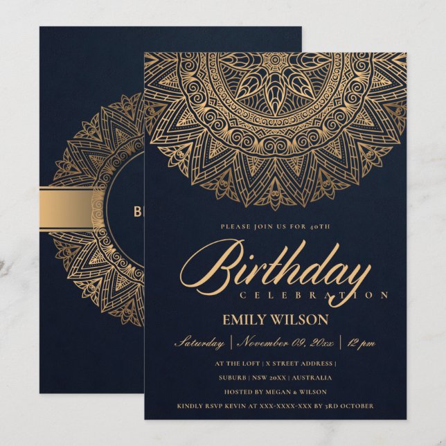 NAVY GOLD MANDALA ANY YEAR 40TH BIRTHDAY PARTY INVITATION (Front/Back)