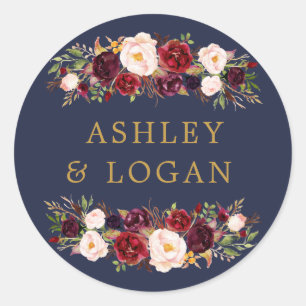 Navy Gold Marsala Floral Wedding Favour Sticker