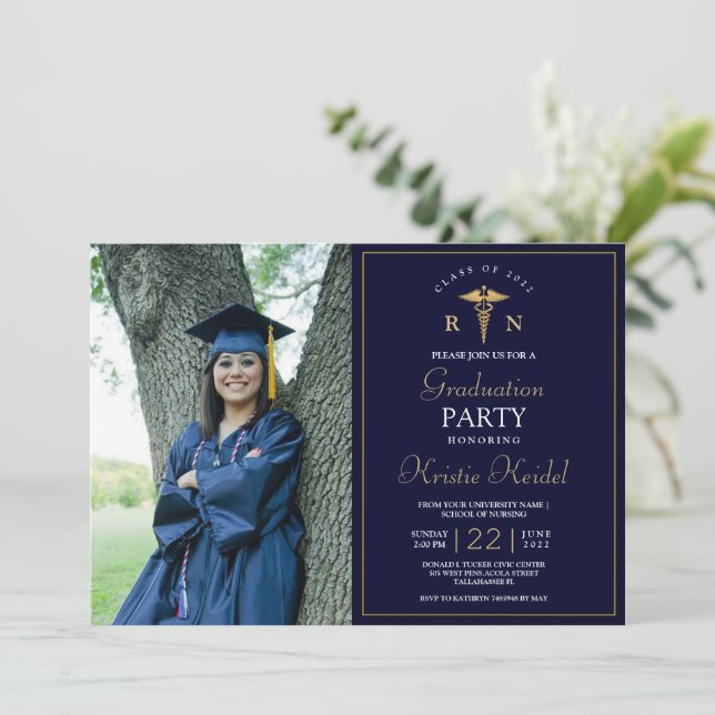 Navy Gold Medical Nursing School Graduation Party Invitation (Standing Front)