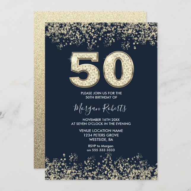 Navy & Gold Mens or Womans 50th Birthday Party Invitation (Front/Back)