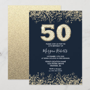 Navy & Gold Mens or Womans 50th Birthday Party Invitation