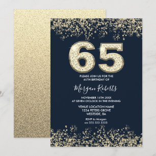 Navy & Gold Mens or Womans 65th Birthday Party  Invitation