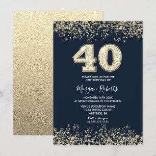 Navy & Gold Mens Womans 40th Birthday Party Invitation