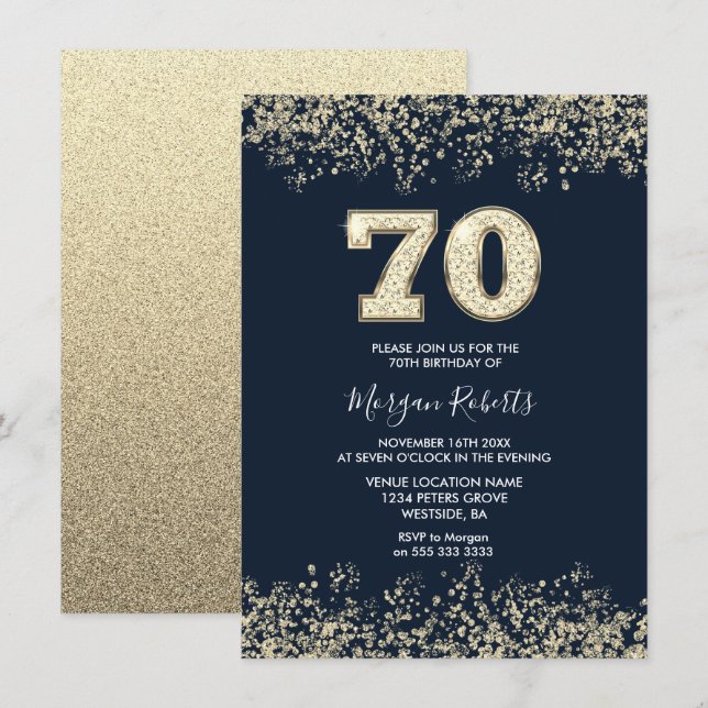 Navy & Gold Mens Womans 70th Birthday Party Invitation (Front/Back)
