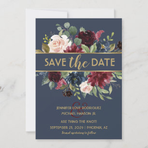 Navy Gold Merlot Floral Blooms Save the Date Invitation