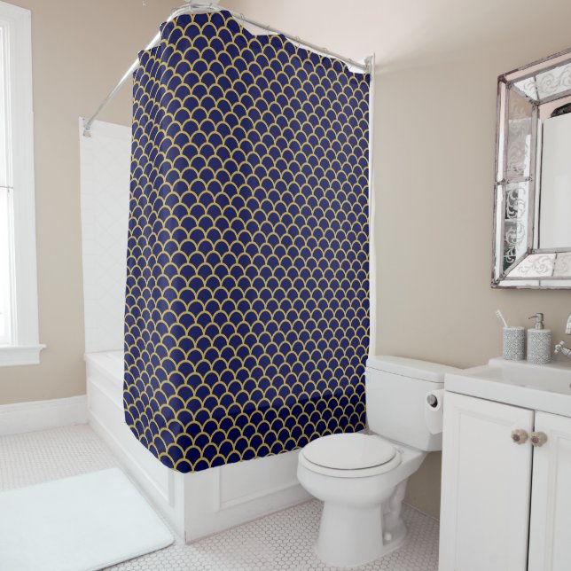NAVY GOLD MERMAID PATTERN SHOWER CURTAIN (In Situ)