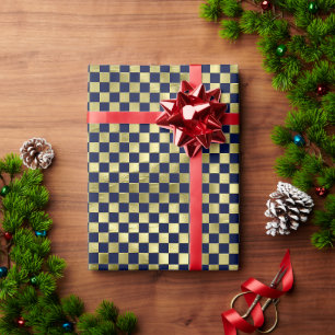 Navy gold metallic chequered pattern Christmas Wrapping Paper