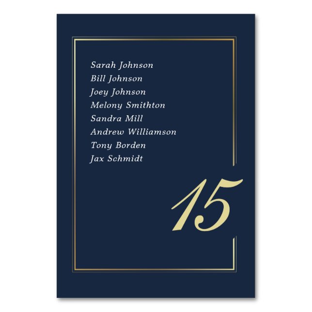 Navy Gold Minimal Border Script Typography Wedding Table Number (Front)