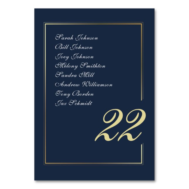 Navy Gold Minimal Script Calligraphy Wedding Table Number (Front)