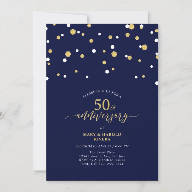 Navy & Gold Modern 50th Wedding Anniversary Party Invitation (Front)