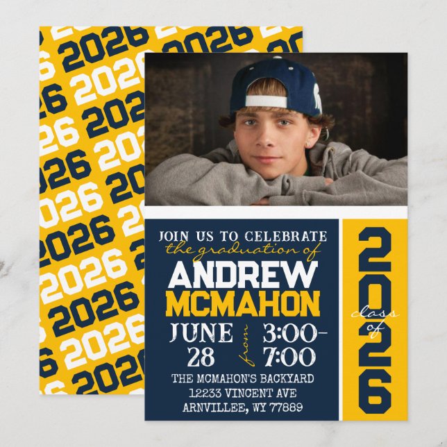 Navy & Gold Modern Graduation Photo Invitation (Front/Back)