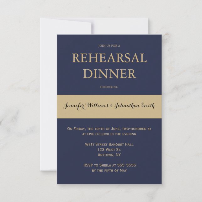 Navy & gold modern rehearsal dinner invitations (Front)