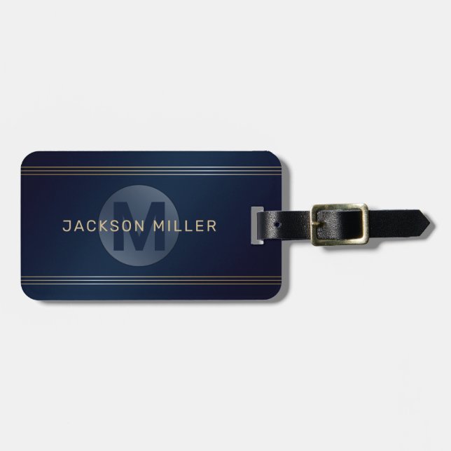 Navy gold modern simple personalised monogram luggage tag (Front Horizontal)