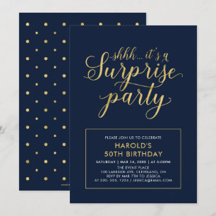 Navy & Gold   Modern Surprise 50th Birthday Party Invitation