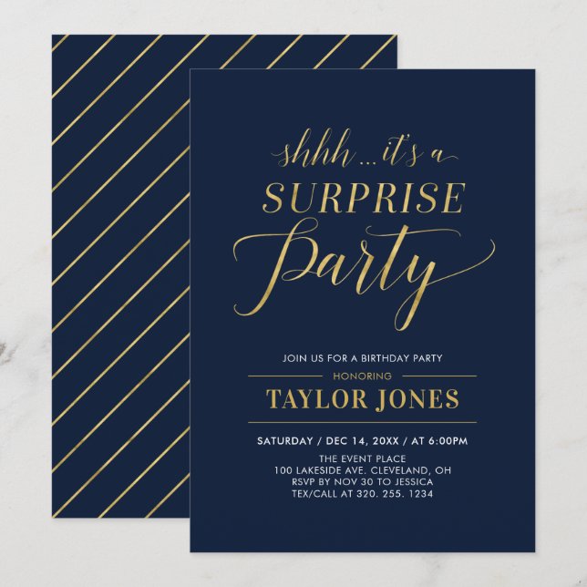 Navy & Gold | Modern Surprise Birthday Party Invitation (Front/Back)